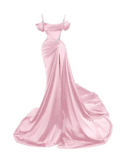 Elegant Mermaid Spaghetti Strap Prom Dress Pleated High Slit Evening Gown Party Dress Long Formal Dress TP4815