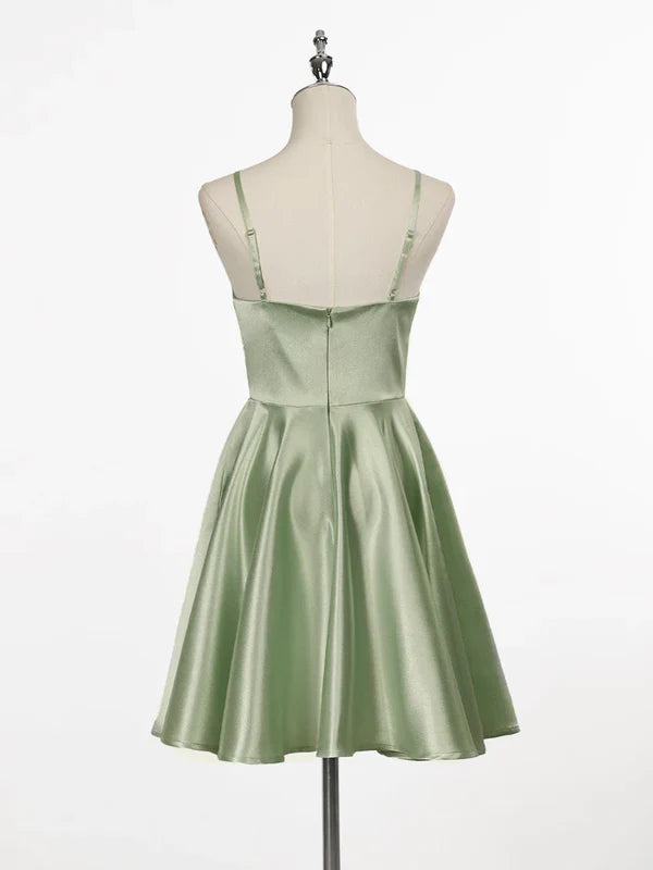Charming Mint Green Spaghetti Straps Satin Design A-line Short Homecoming Dress TP3611