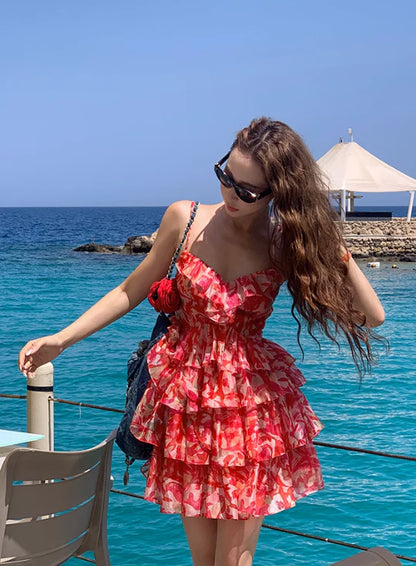 Cute Floral Sweetheart Spaghetti Strap Short A-Line Tiered Party Dress Cocktail Dress Homecoming Dress TP4431