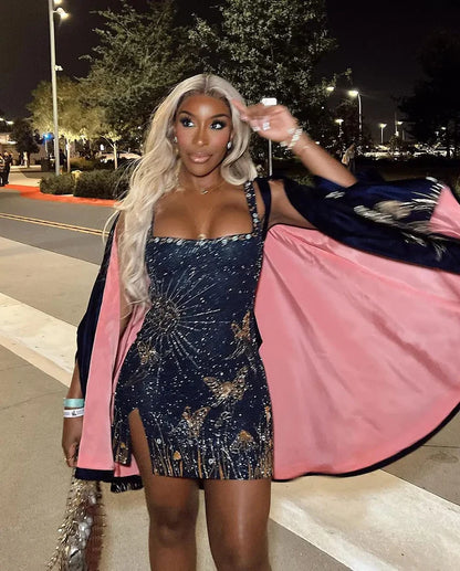 Vintage Navy Blue Shiny Beaded Sheath Homecoming Dress Party Dress Cocktail Dress TP4700