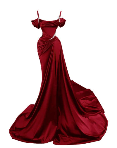 Elegant Mermaid Spaghetti Strap Prom Dress Pleated High Slit Evening Gown Party Dress Long Formal Dress TP4815