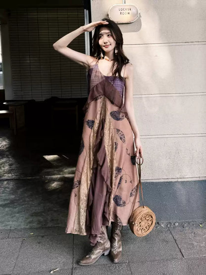 Vintage Irregular Ruffled Hem Fashion Splicing Design A-line Long Spaghetti Strap Dress TP3328