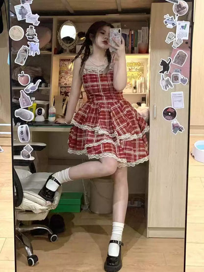 Simple Plaid Ruffled Hem Design A-line Sleeveless Spaghetti Strap Dress TP3305