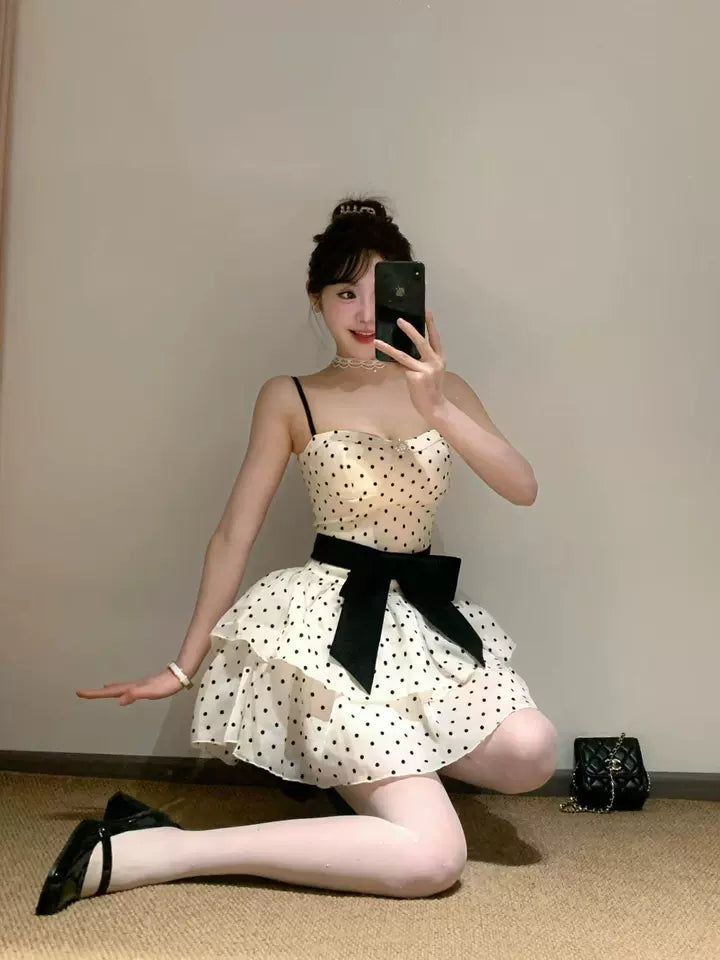 New Fashion Polka Dot Design A-line Sleeveless Spaghetti Strap Dress TP3307