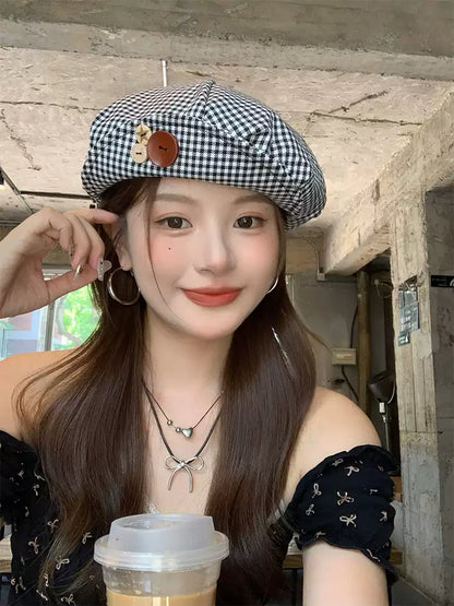 Button Plaid Fashion Simple Denim Thin Breathable Beret TP2813