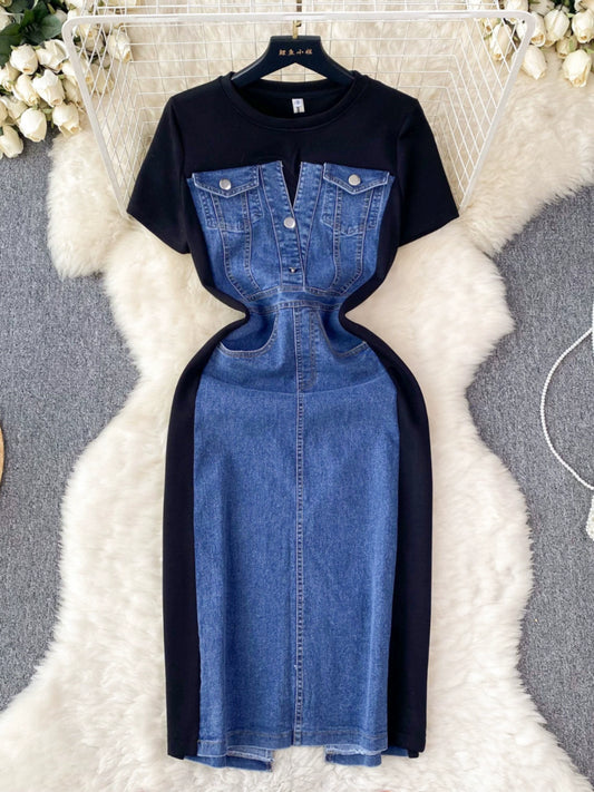 Fashion Design Sense Crew Neck Short Sleeve Patchwork Denim Dress TP2829