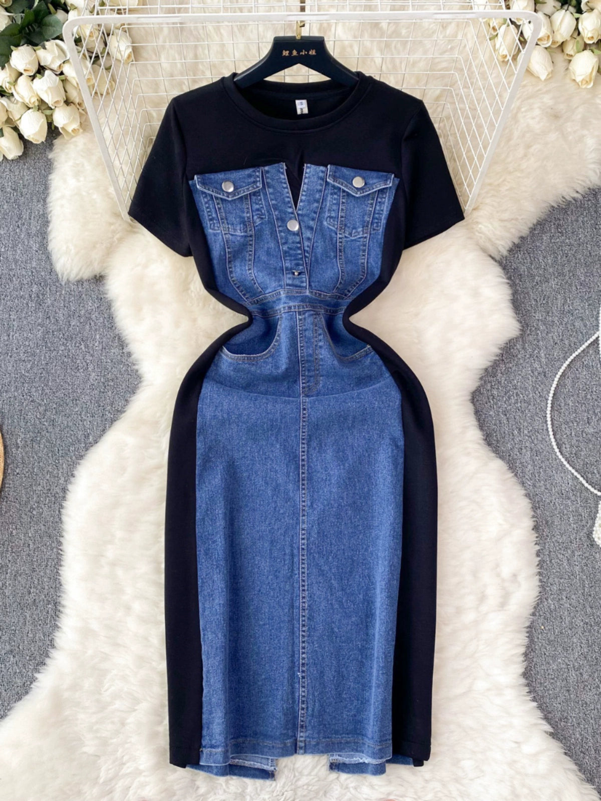 Fashion Design Sense Crew Neck Short Sleeve Patchwork Denim Dress TP2829