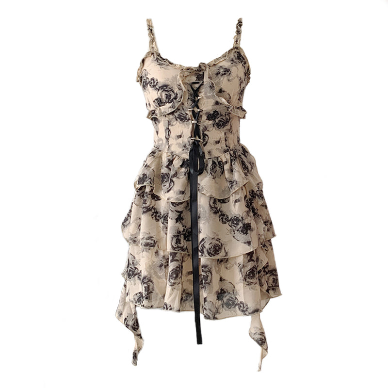 New Fashion Floral Ruffled Design A-line Cinched Waist Sleeveless Spaghetti Strap Dress TP3303