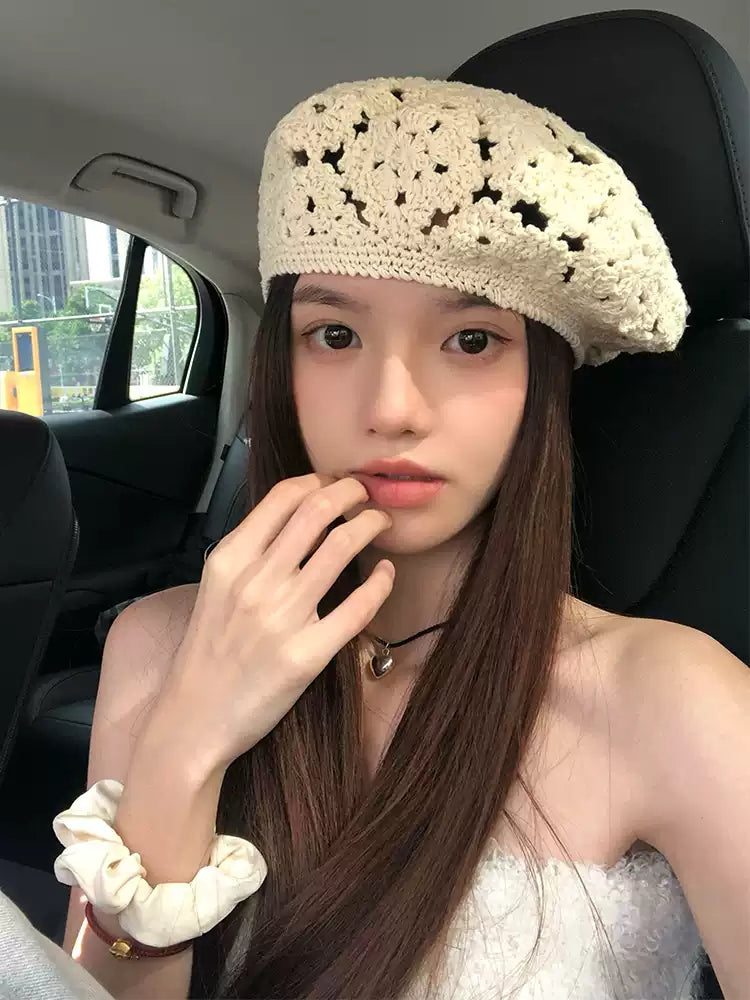 Vintage Hollow Summer Thin Handmade Crocheted Floral Beret TP2814