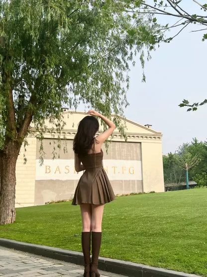 New Fashion Chocolate Brownies Style Design A-line Sleeveless Spaghetti Strap Dress TP3285