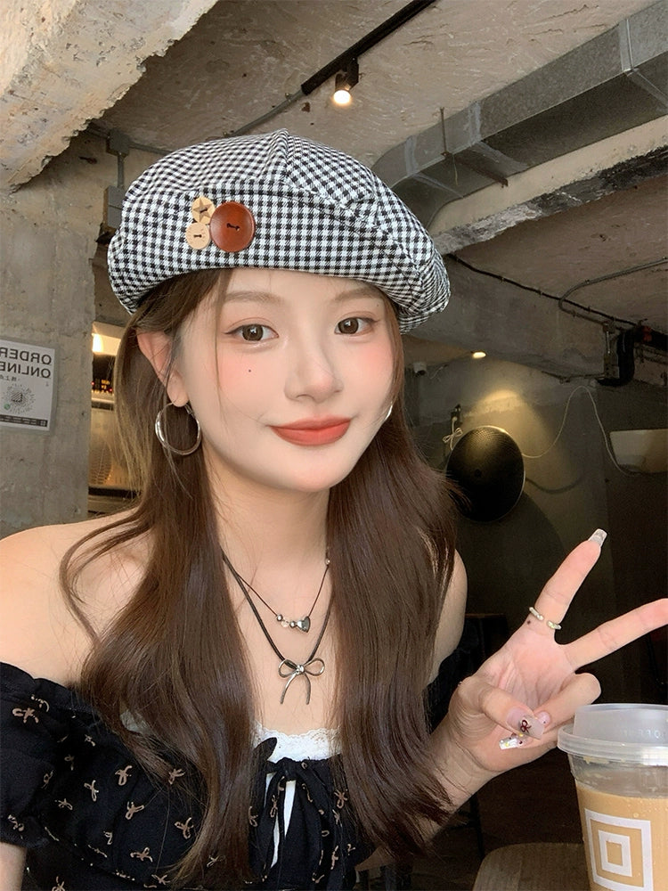 Button Plaid Fashion Simple Denim Thin Breathable Beret TP2813