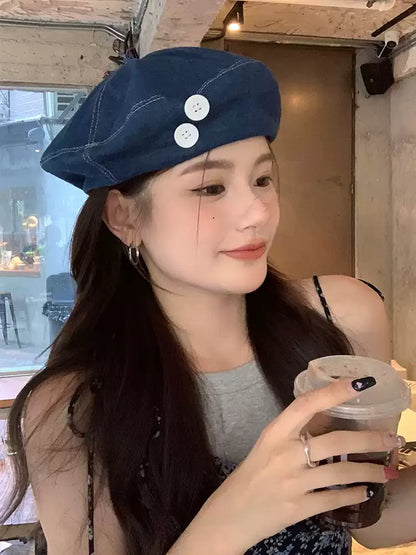 Stylish Design Sense Buttons Decorated Denim Beret TP2817