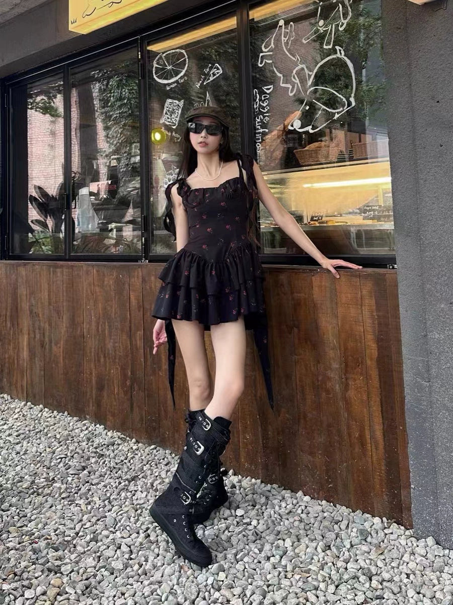 New Fashion Floral Ribbon Design A-line Sleeveless Spaghetti Strap Dress TP3289