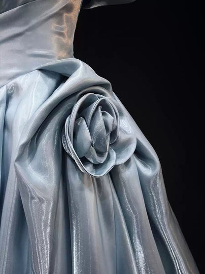 Glamorous Light Blue Satin Off-Shoulder 3D Rose Sweet 15 Quinceanera Ball Gown TP5460