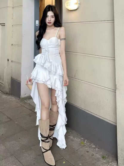 New Fashion White Irregular Ruffled Hem Design A-line Sleeveless Spaghetti Strap Dress TP3299