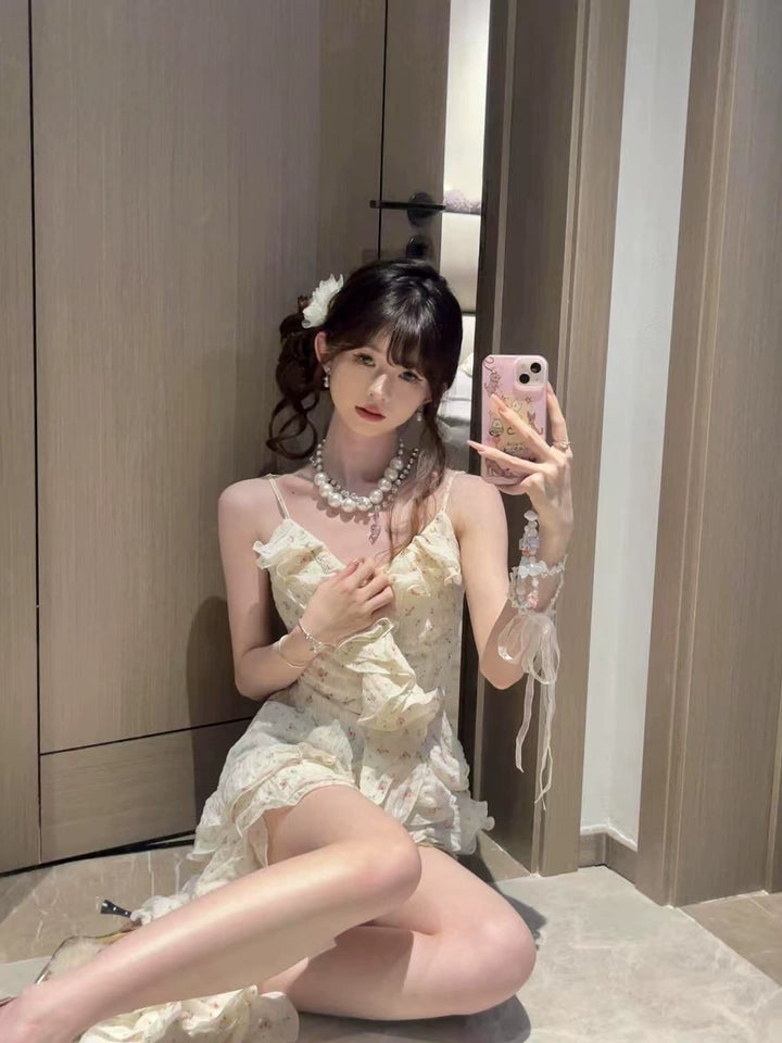 Fashion Irregular Ruffled Floral Design A-line Sleeveless Spaghetti Strap Dress TP3279