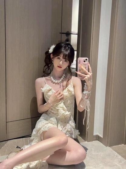 Fashion Irregular Ruffled Floral Design A-line Sleeveless Spaghetti Strap Dress TP3279