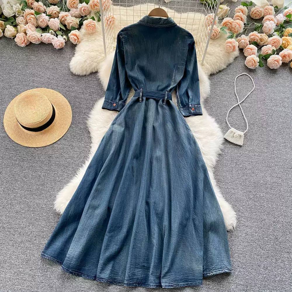Vintage Embroidery Design Sense high-end Elegant Long Single-breasted Denim Dress TP2826