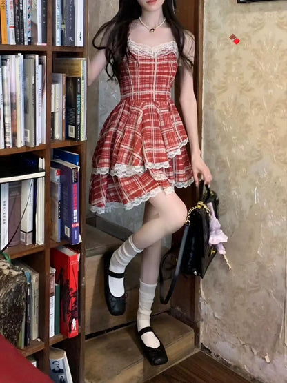 Simple Plaid Ruffled Hem Design A-line Sleeveless Spaghetti Strap Dress TP3305