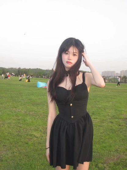 New Fashion Cinched Waist Design Black A-line Sleeveless Spaghetti Strap Dress TP3280