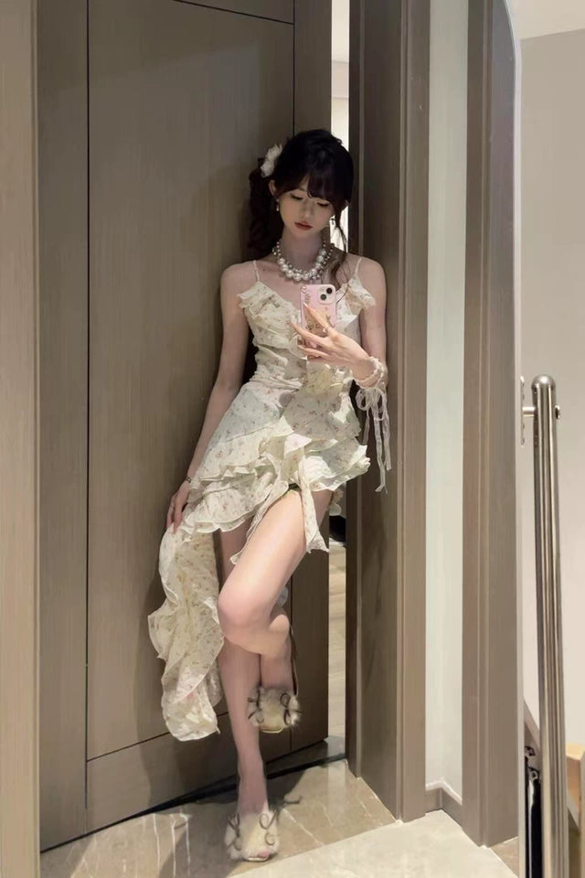 Fashion Irregular Ruffled Floral Design A-line Sleeveless Spaghetti Strap Dress TP3279