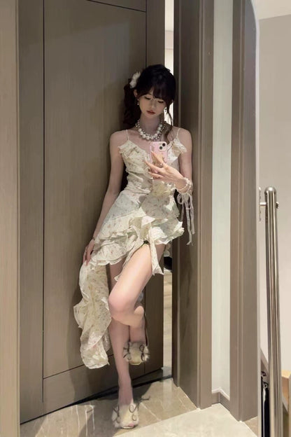 Fashion Irregular Ruffled Floral Design A-line Sleeveless Spaghetti Strap Dress TP3279