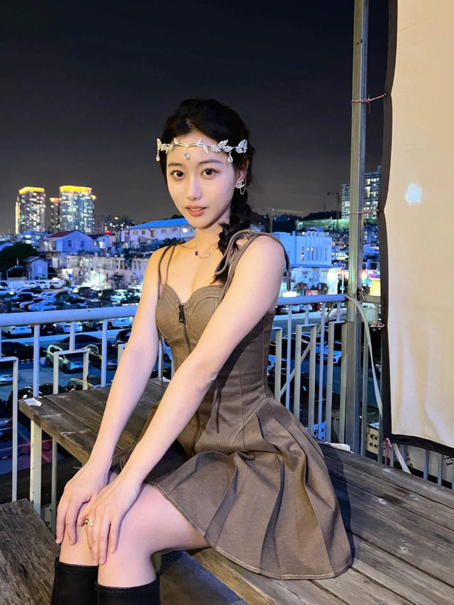 New Fashion Chocolate Brownies Style Design A-line Sleeveless Spaghetti Strap Dress TP3285