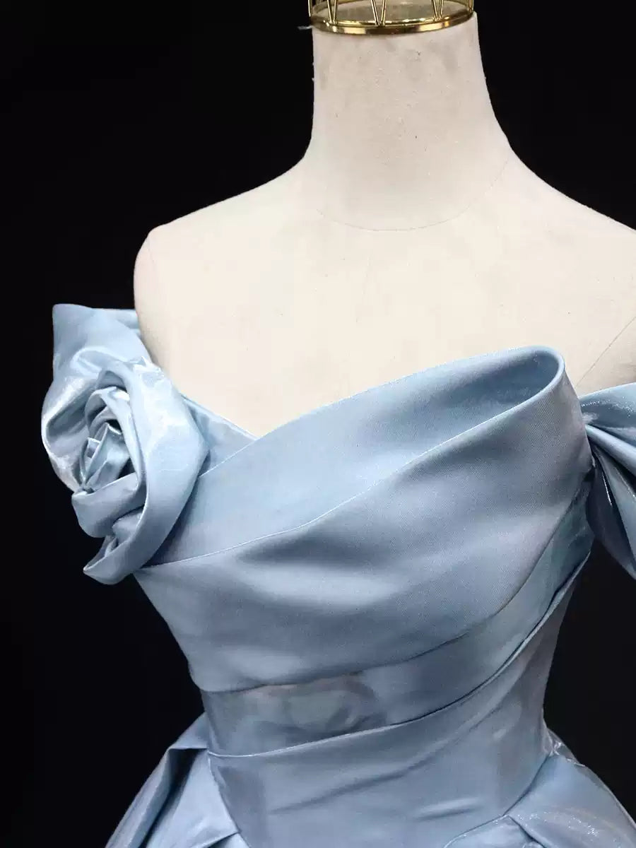Glamorous Light Blue Satin Off-Shoulder 3D Rose Sweet 15 Quinceanera Ball Gown TP5460