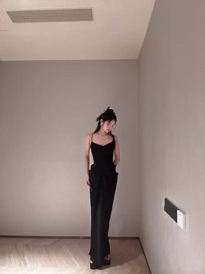 Simple Black Mermaid Design Heart-shaped Collar A-line Sleeveless Spaghetti Strap Dress TP3302