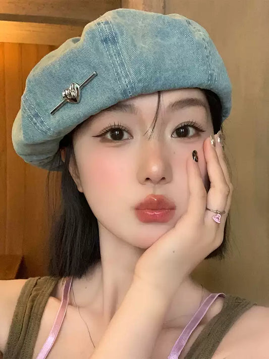 Fashion Simple Love Decoration Denim Thin Breathable Octagonal Beret TP2806