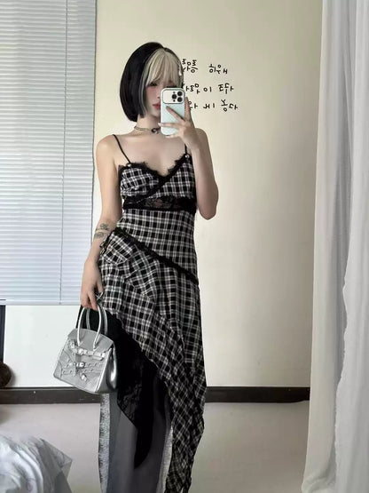 New Fashion Plaid Ruffled Irregular Dress Hem Design A-line Sleeveless Spaghetti Strap Dress TP3304