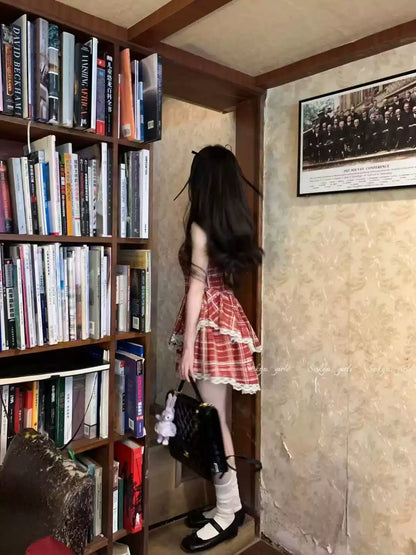 Simple Plaid Ruffled Hem Design A-line Sleeveless Spaghetti Strap Dress TP3305