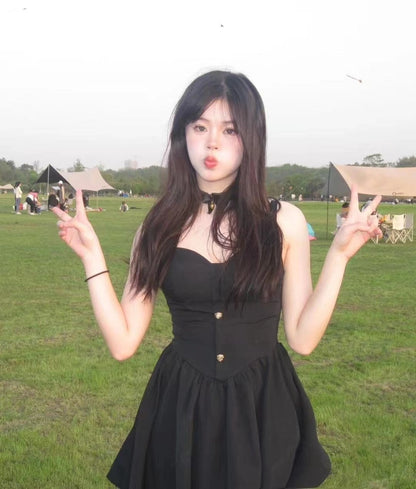 New Fashion Cinched Waist Design Black A-line Sleeveless Spaghetti Strap Dress TP3280