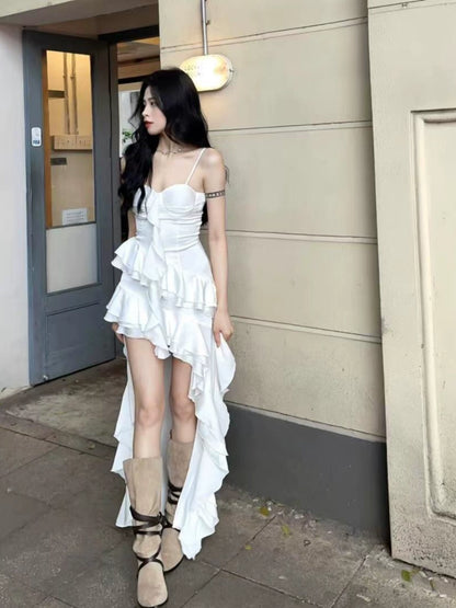 New Fashion White Irregular Ruffled Hem Design A-line Sleeveless Spaghetti Strap Dress TP3299