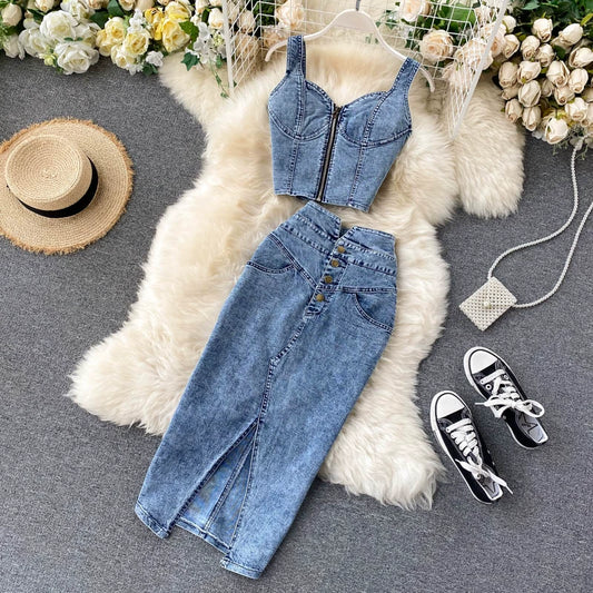 New Fashion Sexy Two-piece Short Halter Tank Top High Waisted Two-piece Denim Skirt TP2827