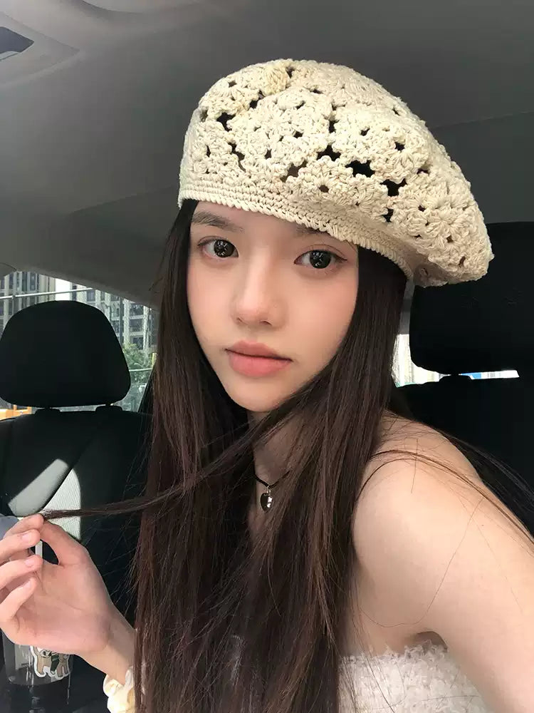 Vintage Hollow Summer Thin Handmade Crocheted Floral Beret TP2814