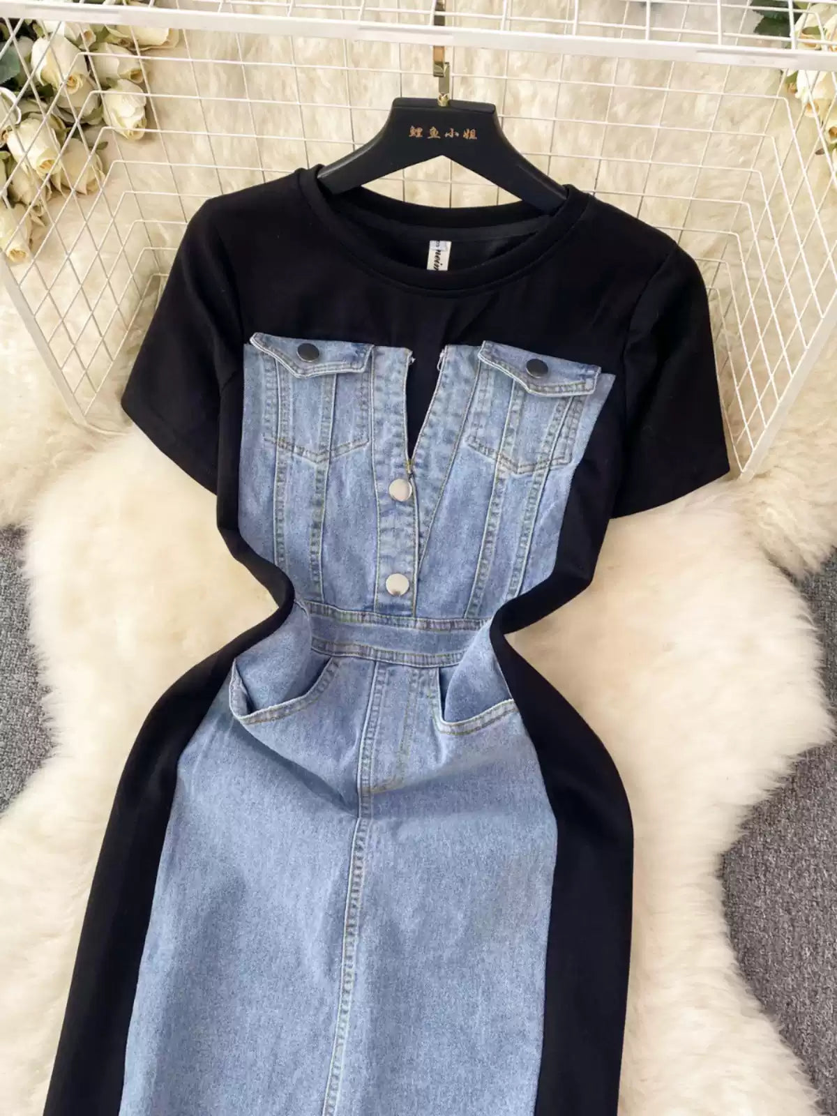 Fashion Design Sense Crew Neck Short Sleeve Patchwork Denim Dress TP2829