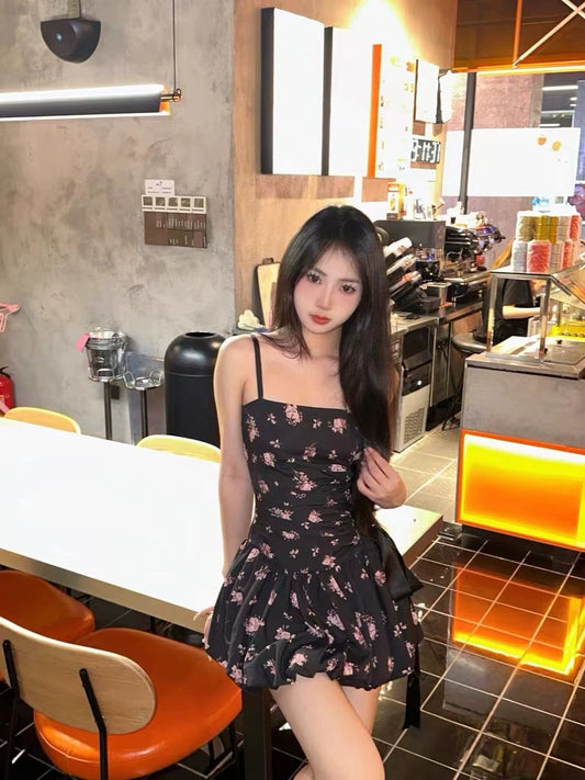 New Fashion Floral Satin Side Waist Lacing Design A-line Sleeveless Spaghetti Strap Dress TP3286