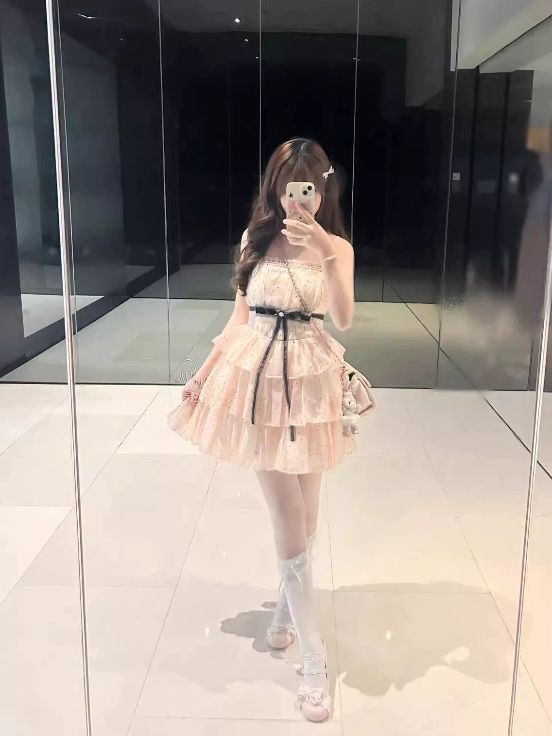 Simple Polka dot Pattern Design A-line Sleeveless Spaghetti Strap Tiered Dress TP3290