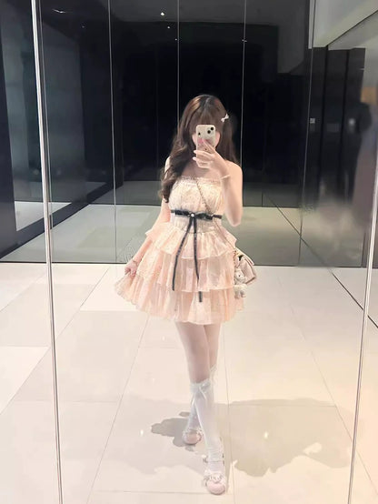 Simple Polka dot Pattern Design A-line Sleeveless Spaghetti Strap Tiered Dress TP3290