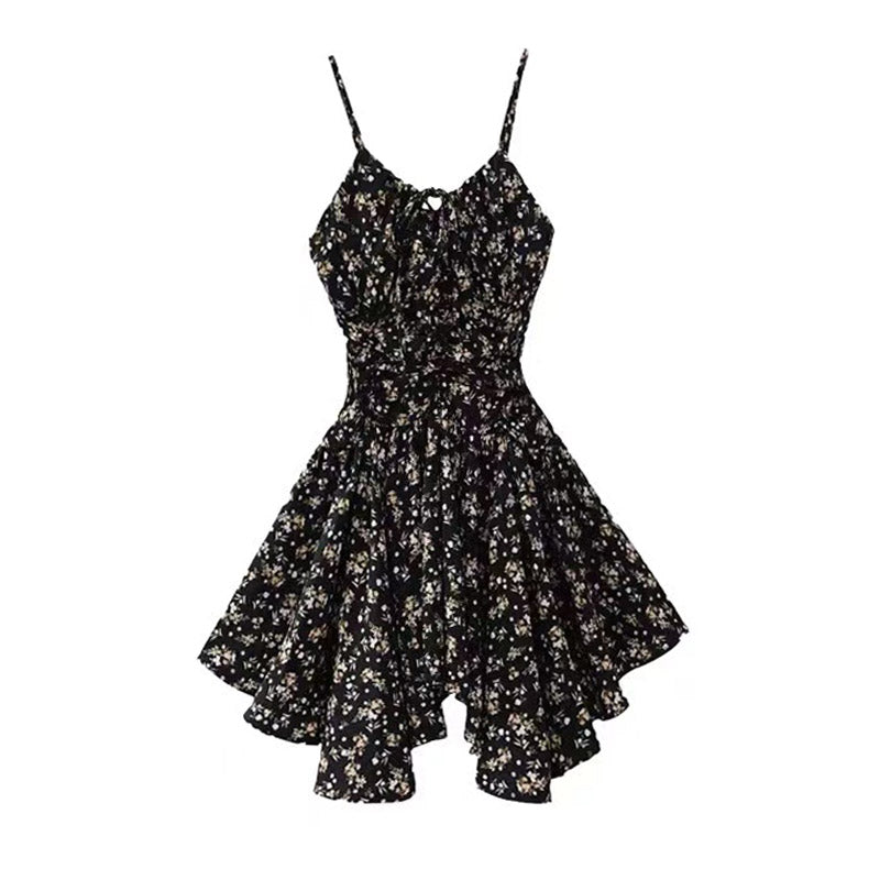Simple Black Floral Irregular Ruffled Hem Design A-line Sleeveless Spaghetti Strap Dress TP3300
