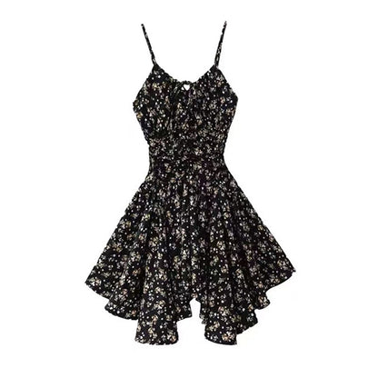 Simple Black Floral Irregular Ruffled Hem Design A-line Sleeveless Spaghetti Strap Dress TP3300