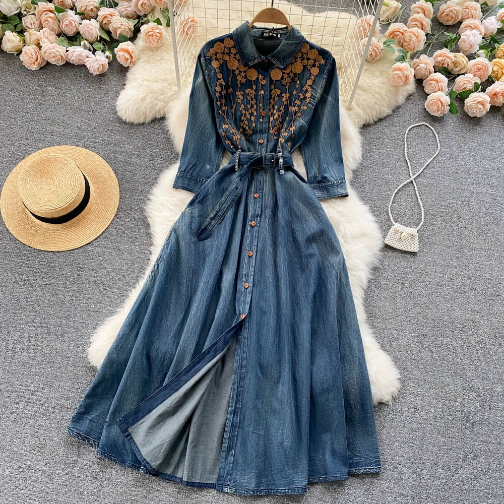 Vintage Embroidery Design Sense high-end Elegant Long Single-breasted Denim Dress TP2826