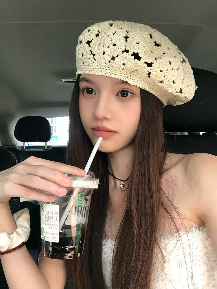 Vintage Hollow Summer Thin Handmade Crocheted Floral Beret TP2814