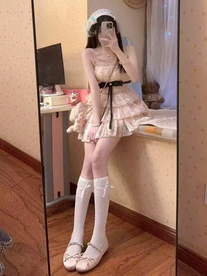 Simple Polka dot Pattern Design A-line Sleeveless Spaghetti Strap Tiered Dress TP3290