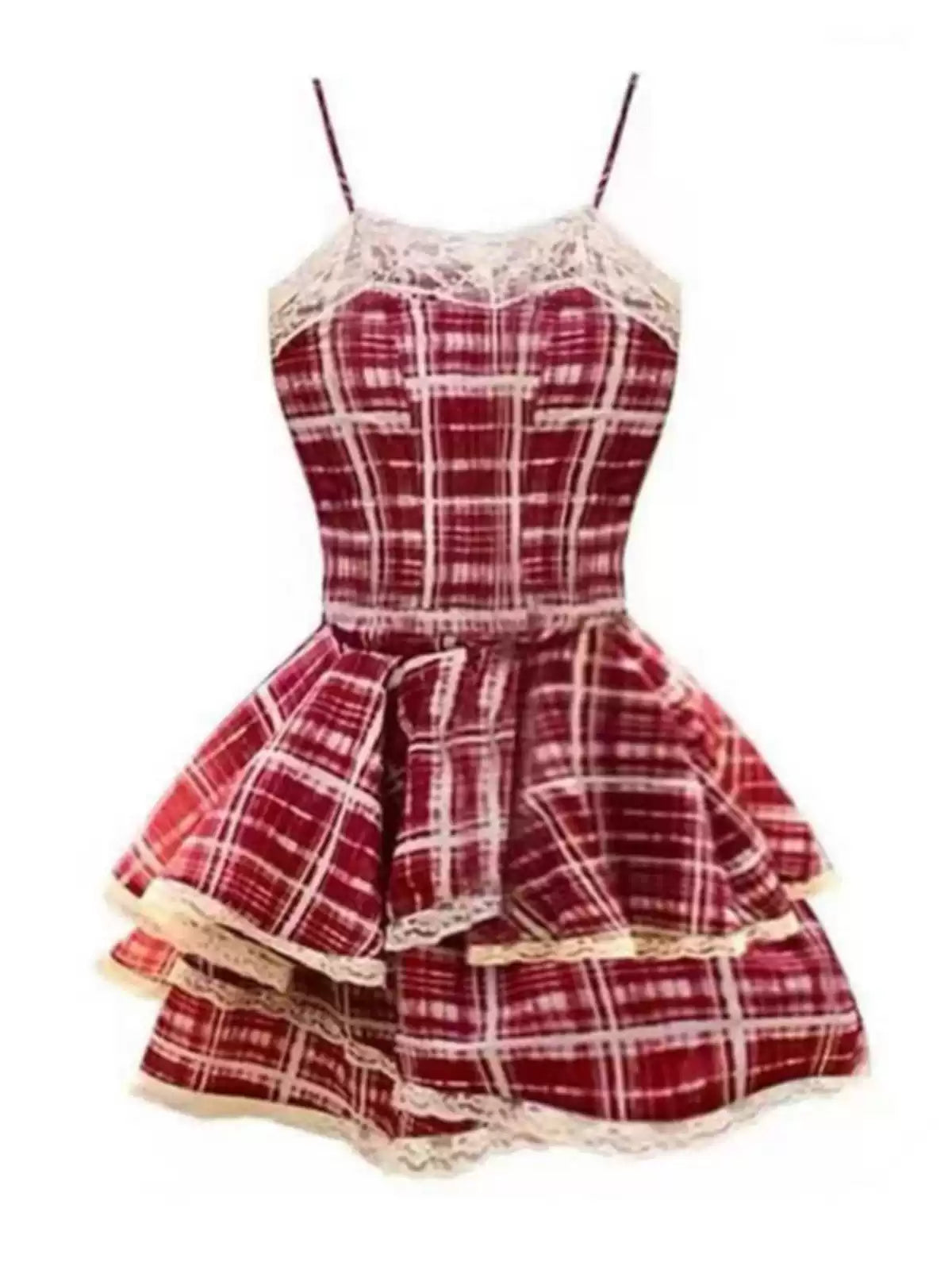 Simple Plaid Ruffled Hem Design A-line Sleeveless Spaghetti Strap Dress TP3305
