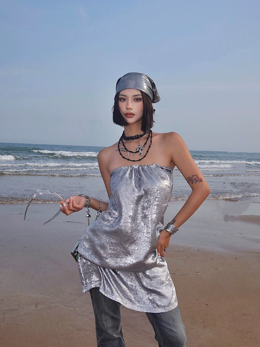 New Fashion Silvery Glitter Strapless Design A-line Party Dress TP3883