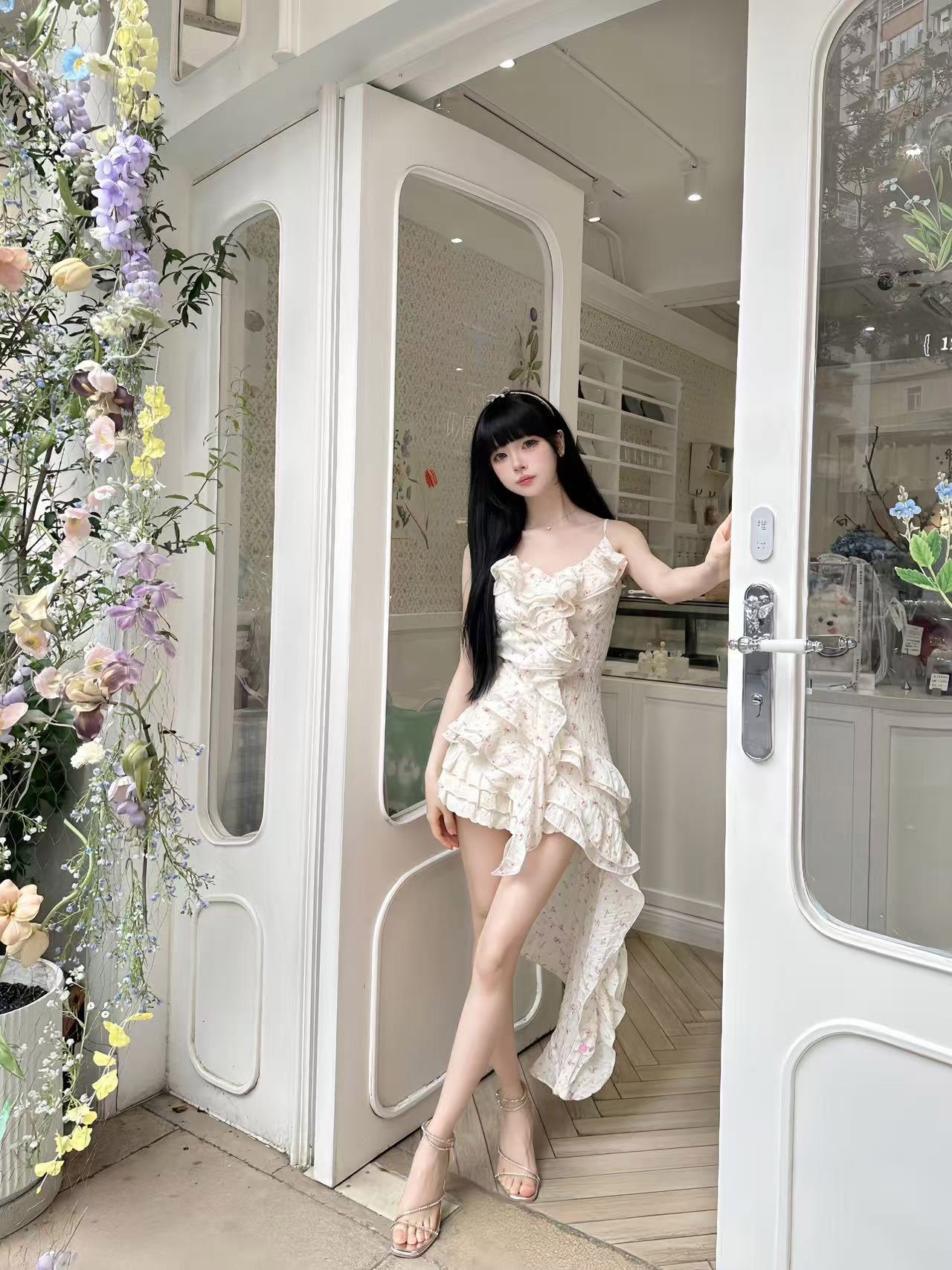 Fashion Irregular Ruffled Floral Design A-line Sleeveless Spaghetti Strap Dress TP3279