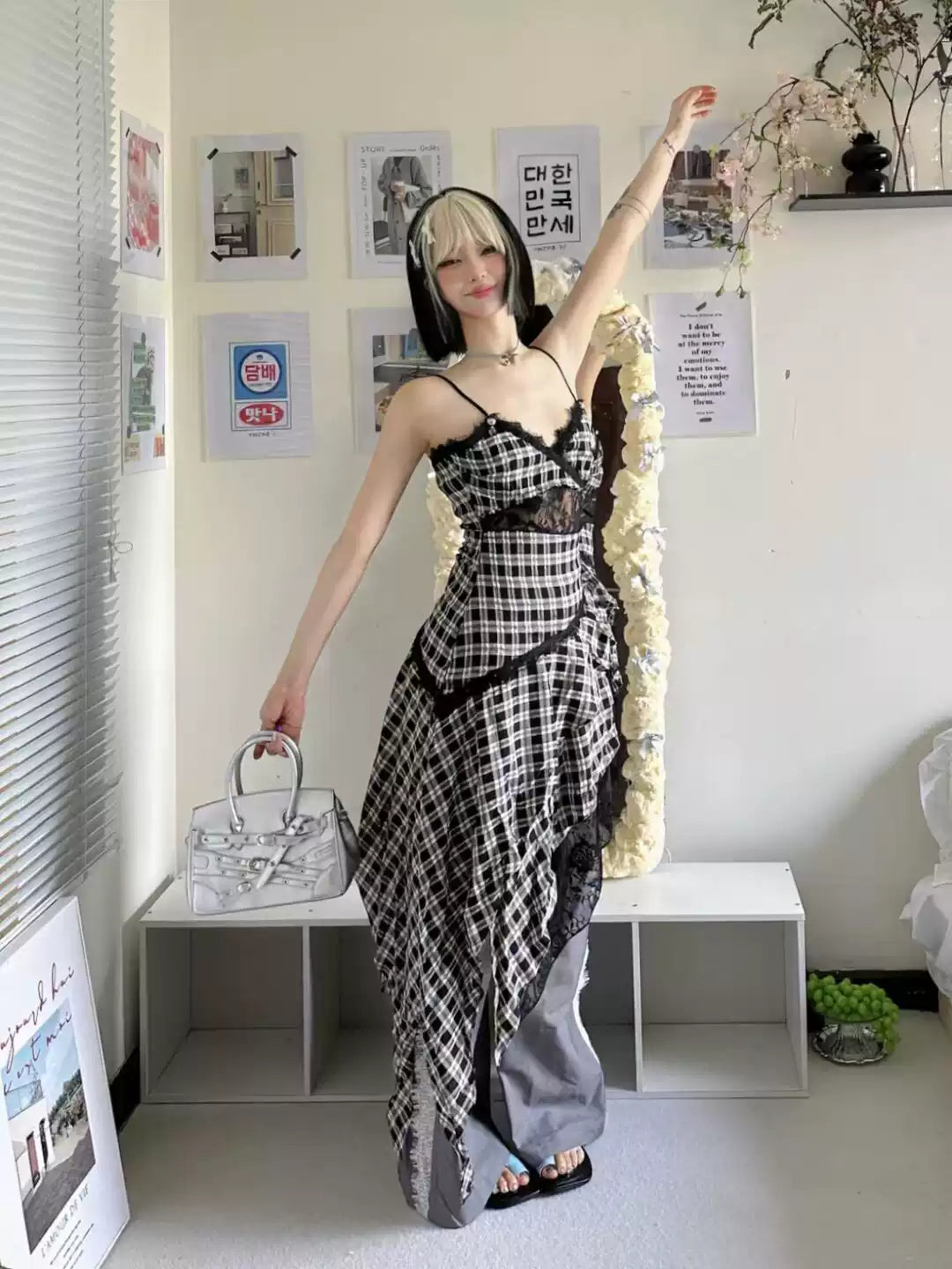 New Fashion Plaid Ruffled Irregular Dress Hem Design A-line Sleeveless Spaghetti Strap Dress TP3304