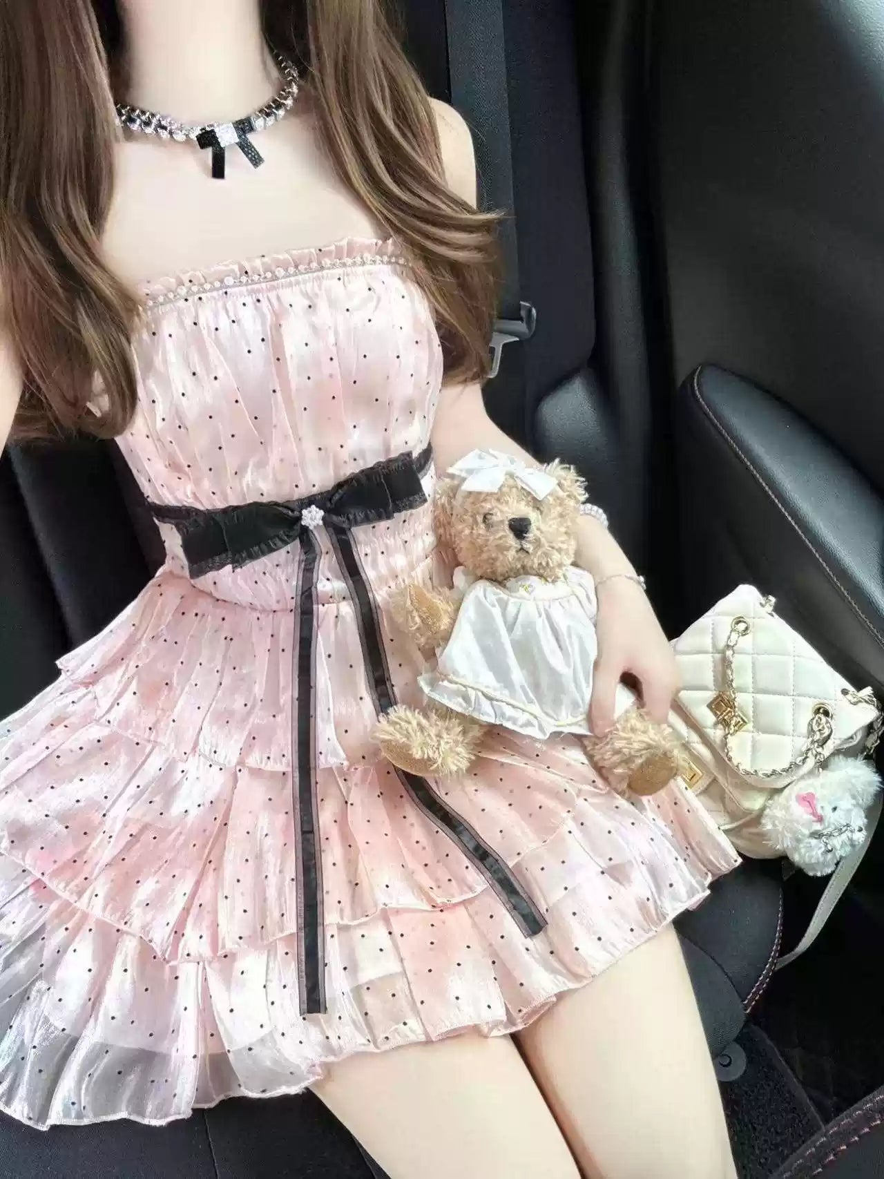 Simple Polka dot Pattern Design A-line Sleeveless Spaghetti Strap Tiered Dress TP3290